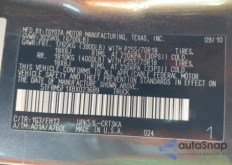 2011 Toyota Tundra Grade 4.6L V8 z USA, uszkodzony, nr VIN 5TFRM5F1XBX023689